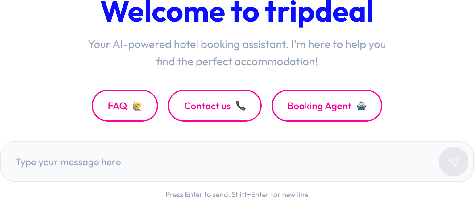 Tripdeal AI Agent welcome screen with chat input and quick-action buttons