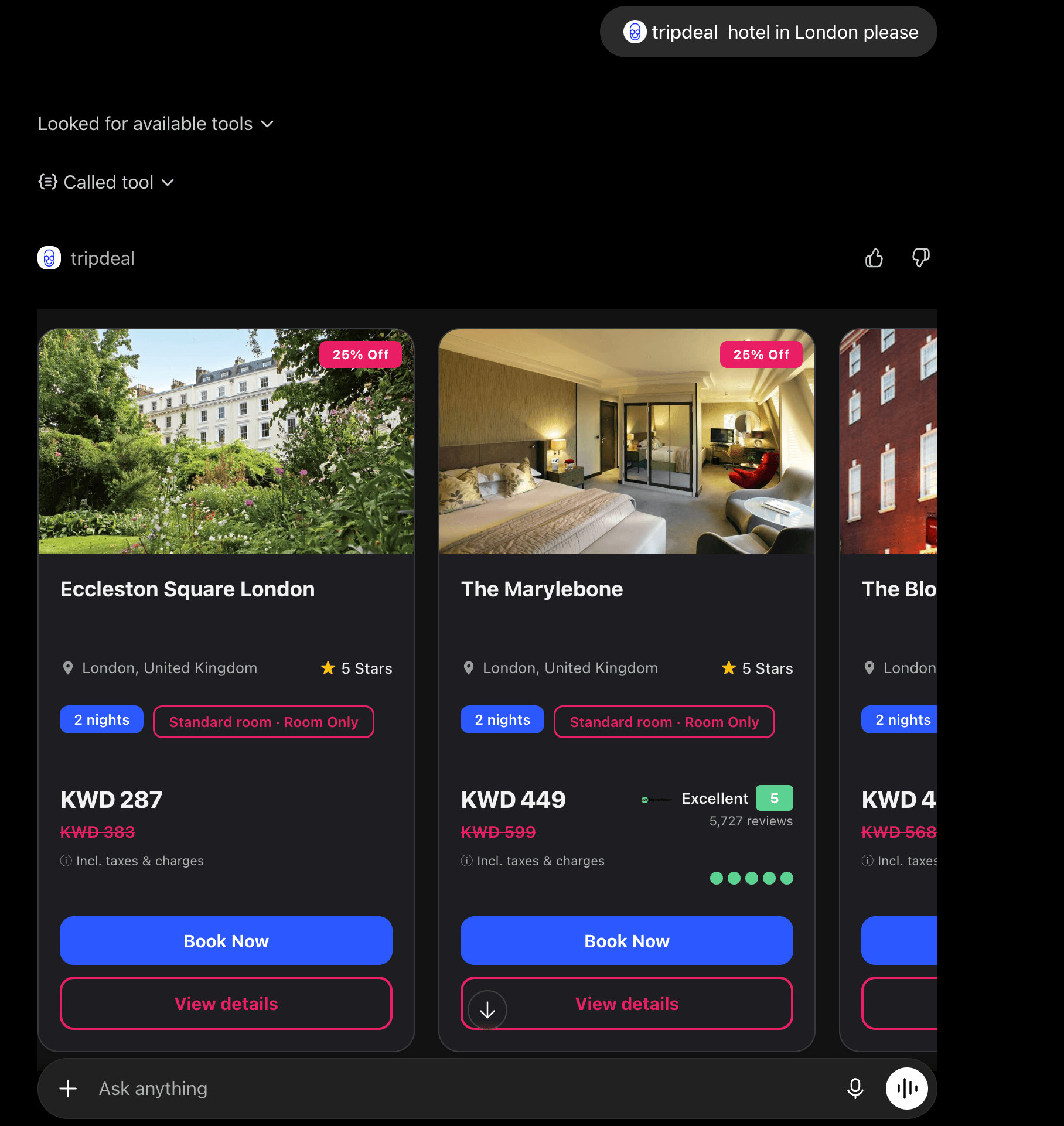Tripdeal GPT App showing hotel search results with bookable cards inside ChatGPT