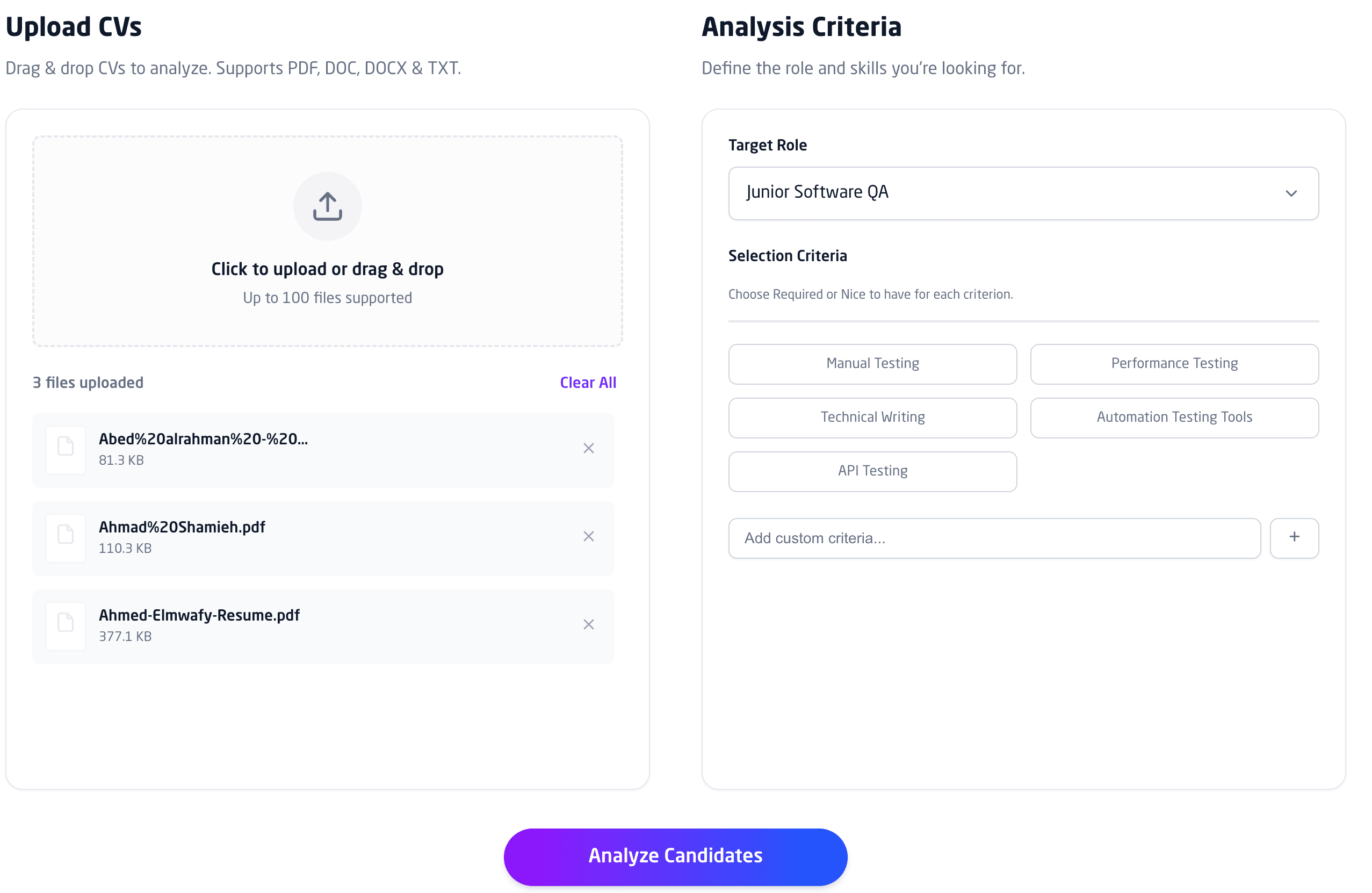 CVGPT upload interface — bulk CV upload with role and selection criteria